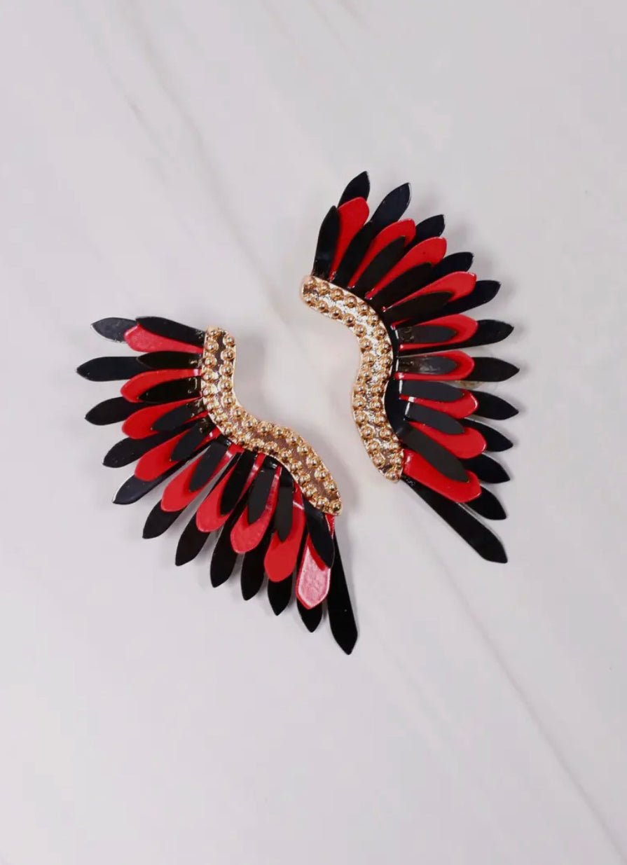 Metal Fan Earrings - Red/Black