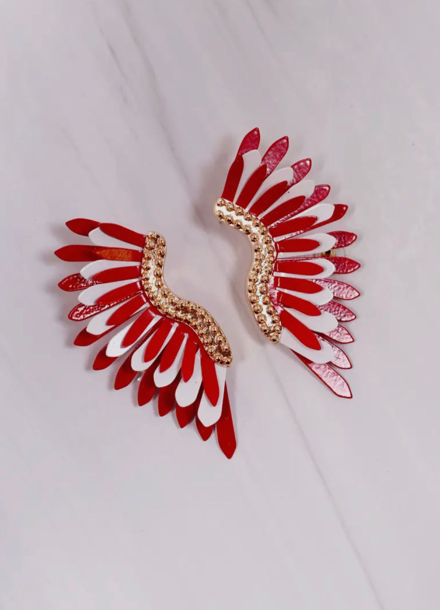 Metal Fan Earrings - Red