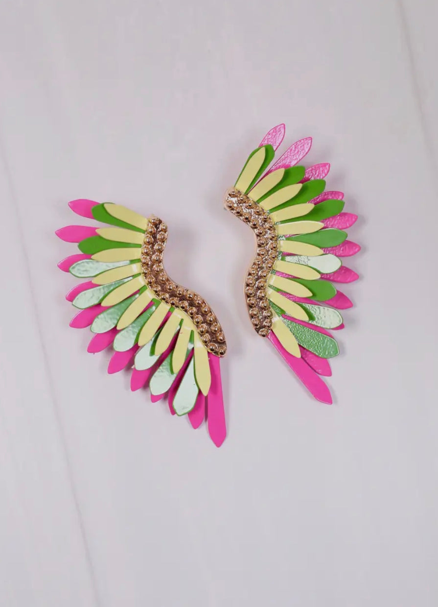 Metal Fan Earrings - Pink/Green