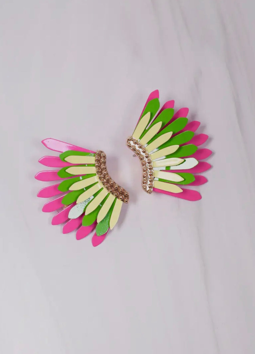 Metal Fan Earrings - Pink/Green